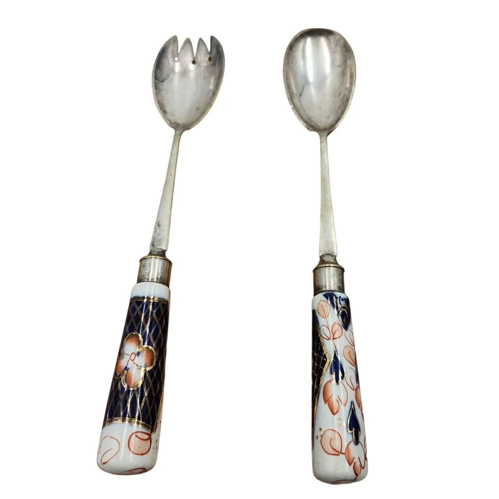 Vintage EPNS England Salad Serving Set Imari Style Porcelain Handles 10